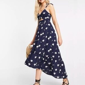 Hollister Navy Floral Boho Hi Lo Dress Lace Up Cutout Tie Straps L CottageCore